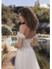 Off Shoulder Beaded Ivory Lace Gathered Tulle Wedding Dress